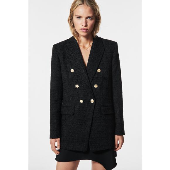 ZARA Double Breasted Textured Blazer Woven Tweed Black Gold Button Women's XS - Picture 2 of 15